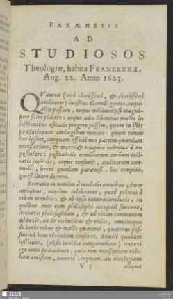 Paraenesis Ad Studiosos Theologiae, habita Franekerae, Aug. 22. Anno 1623