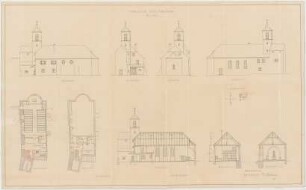 Fischer, Theodor; Neuötting; Ev. Kirche - Lageplan, Grundriss EG, Grundriss OG, Ansichten, Querschnitte, Längsschnitt