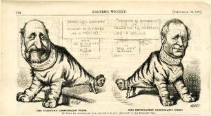 The Tammany Democratic Tiger. The Repudiation Democratic Tiger. Mr. Tilden has consented, and to the end must be the mere "figure-head" of that Democratic Tiger : zwei Tiger mit zwei Köpfen sitzen nebeneinander