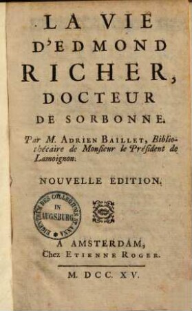 La vie d'Edmond Richer, docteur de Sorbonne