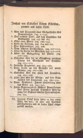 Innhalt von Schlossers kleinen Schriften, zweyter und letzter Theil
