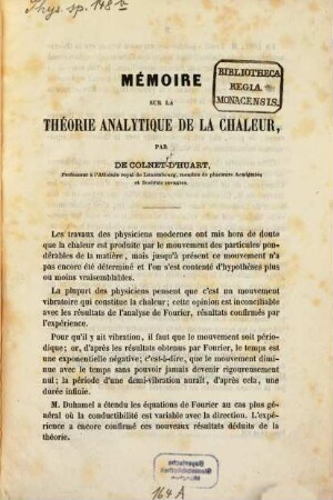 Mémoire sur la théorie analytique de la chaleur