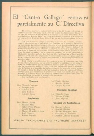 El "Centro Gallego" renovará parcialmente su C. Directiva : A los socios del "Centro Gallego" [Anuncio del Grupo Tradicionalista "Alfredo Álvarez"]