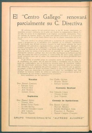 El "Centro Gallego" renovará parcialmente su C. Directiva : A los socios del "Centro Gallego" [Anuncio del Grupo Tradicionalista "Alfredo Álvarez"]