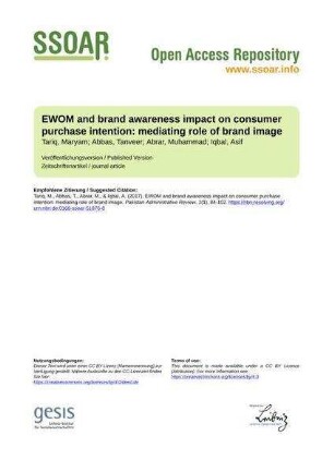 EWOM and brand awareness impact on consumer purchase intention: mediating role of brand image