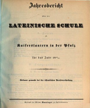 Jahresbericht für die Königlich-Bayerische Lateinische Schule zu Kaiserslautern in der Pfalz : im Studienjahr ... 1843