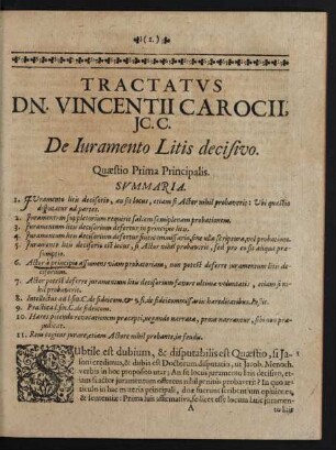 Tractatus Dn. Vincentii Carocii, Jc. C. De Iuramento Litis decisivo. Quaestio Prima Principalis. - LII.