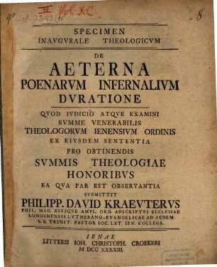 Specimen inaug. theol. de aeterna poenarum infernalium duratione