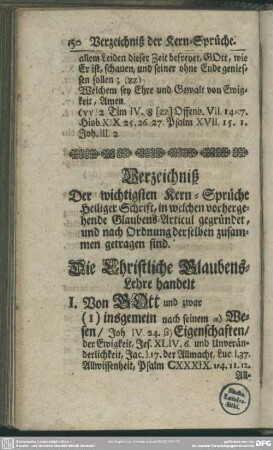 Verzeichniß Der wichtigsten Kern-Sprüche Heiliger Schrift, in welchen vorhergehende Glaubens-Articul gegründet, und nach Ordnung derselben zusammen getragen sind