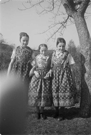 Mädchen in Hoyerswerdaer Tracht. : Holcy we Wojerowskej narodnej drasće.