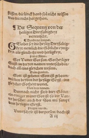 Der Sequentz von der || heiligen Dreyfaltigkeyt || verteutscht. ||