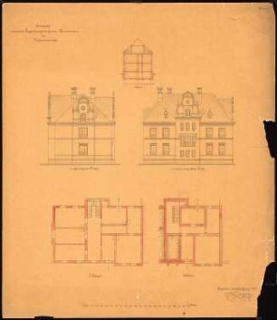 Herrenhaus, Gießmannsdorf Logierhaus: Grundriss Keller, 1.Obergeschoss; Aufriss Straßenansicht, Hofansicht; Schnitt, Maßstabsleiste