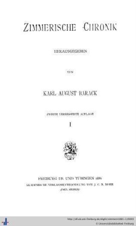 Band 1: Zimmerische Chronik: 2., verb. Aufl.