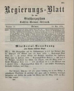 41. Ministerial-Verordnung zum Schutze nützlicher Vögel
