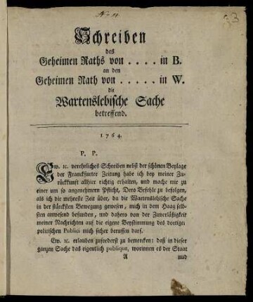 Schreiben des Geheimen Raths von .... in B. an den Geheimen Rath von ..... in W. die Wartenslebische Sache betreffend