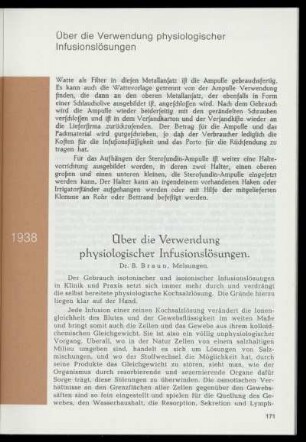 Über die Verwendung physiologischer Infusionslösungen (Heft 71)
