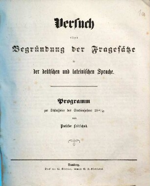 Versuch einer Begründung der Fragesätze in der deutschen und lateinischen Sprache