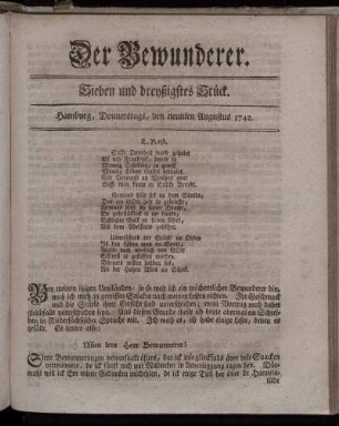Sieben und dreyßigstes Stück. Hamburg, Donnerstags, den neunten Augustus 1742.