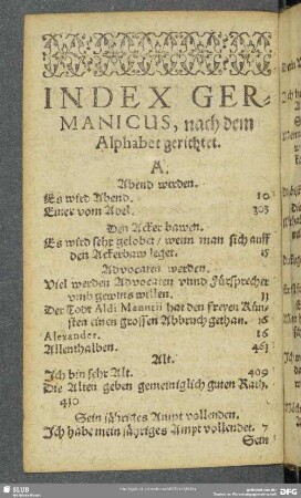 Index Germanicus, nach dem Alphabet gerichtet