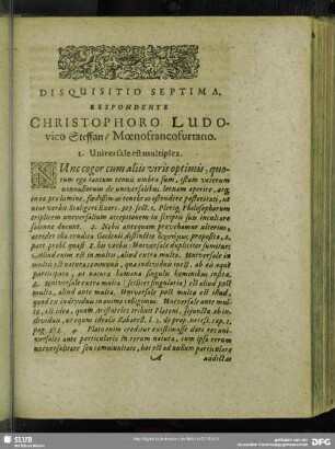 Disquisitio Septima. Respondente Christophoro Ludovico Steffan, Moenofrancofurtano