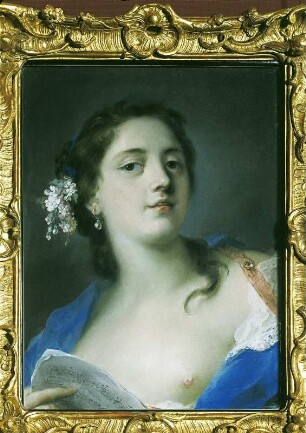 Die Sängerin Faustina Bordoni mit Notenheft : Carriera, Rosalba: Die Sängerin Faustina Bordoni (Hasse-Bordoni) mit Notenheft. 1724/1725. Pastell, Papier; 44,5 x 33,5 cm. Dresden: Gemäldegalerie Alte Meister P 118 (mit Bilderrahmen)