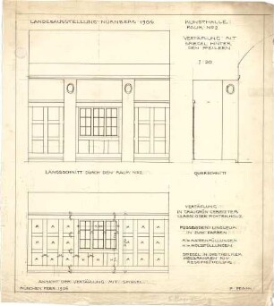 Pfann, Paul; Nürnberg; Landesausstellung 1906, Kunstausstellungsgebäude - Raum Nr. 2, Kunsthalle (Querschnitt,Längsschnitt); Vertäfelung mit Spiegel (Ansicht)
