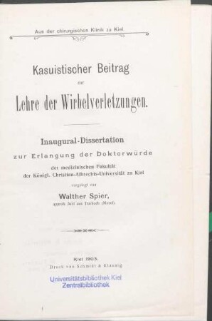 Kasuistischer Beitrag zur Lehre der Wirbelverletzungen