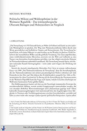 Politische Milieus und Wahlergebnisse in der Weimarer Republik – Das württembergische Oberamt Balingen und Hohenzollern im Vergleich