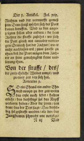 Von der straffe/ des/ der zwey eheliche Weiber nimpt ... Articulus x.