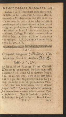 XXVI. Exequiae virginis lectissimae, Catharinae filiae Dn. Andreae Rauchbar/ J. C. &c.