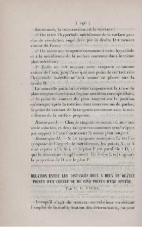Relation entre les distances deux a deux de quatre points d'un cercle ou de cinq points d'une sphère.