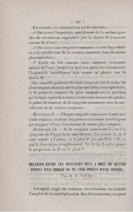 Relation entre les distances deux a deux de quatre points d'un cercle ou de cinq points d'une sphère.