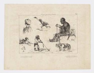 Skizzenblatt mit Katze, Hund und Pferden sowie vier Männerstudien, Blatt 56 der Folge "Croquis par divers artistes"