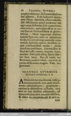 Ioannes Sturmius Rogero Aschamo. S. P.