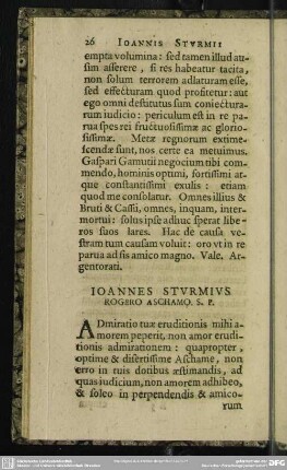Ioannes Sturmius Rogero Aschamo. S. P.