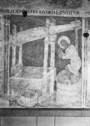 Wandmalerei im 2. Joch von Westen. — Feld 16: Linke Wandhälfte. Unten rechts: Christus in der Kelter.