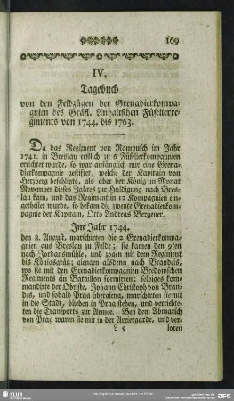 IV. Tagebuch von den Feldzügen der Grenadierkompagnien des Gräfl. Anhaltschen Füselierrregiments von 1744. bis 1763