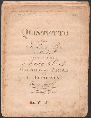 QUINTETTO Pour 2 Violons, 2 Altos et Violoncelle composé et dédié à Monsieur le Comte MAURICE DE FRIES : Oeuv. 29