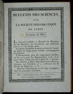 Bulletin Des Sciences, Par La Société Philomatique De Paris. Livraison de Mars.