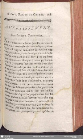 Avertissement Sur les deux Synonymies