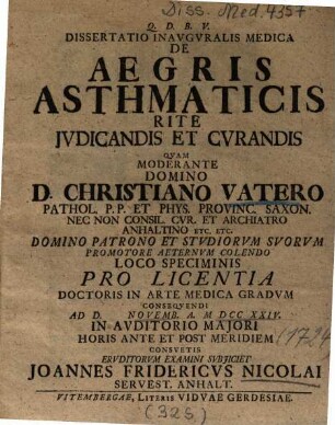 Dissertatio Inavgvralis Medica De Aegris Asthmaticis Rite Jvdicandis Et Cvrandis
