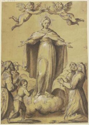 Maria auf Wolken stehend, zwischen Anbetenden mit Rosenkränzen
