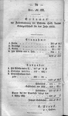 Anl. Nr. III. Extract der Jahresrechnung der Schlesw. Holst. Landes=Bibelgesellschaft für das Jahr 1835.