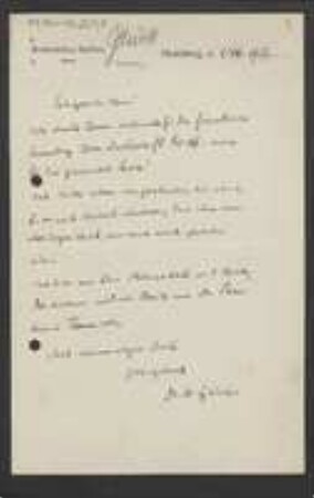 Brief von Hugo Glück an Unbekannt