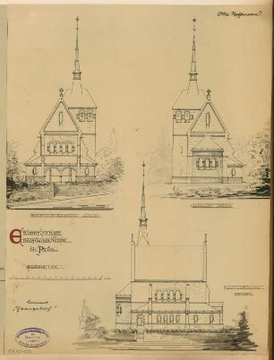 Evangelische Kirche, Prüm Monatskonkurrenz Juli 1893: Aufriss Nordansicht, Westansicht, Ostansicht (Choransicht) 1:150; Maßstabsleiste