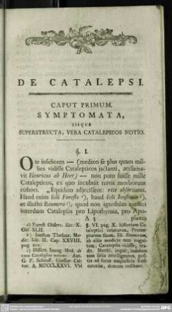 Caput Primum. Symptomata, Iisque Superstructa, Vera Catalepsesos Notio