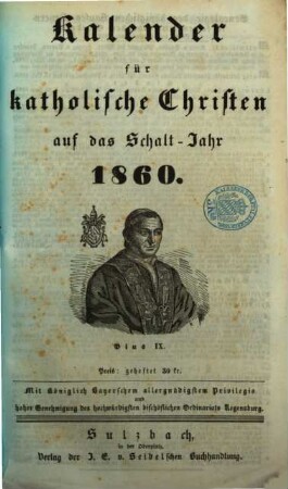 Kalender für katholische Christen : auf d. Jahr ... 1860