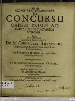 Exercitatio philosophica de concursu causae primae ad causarum secundarum actiones