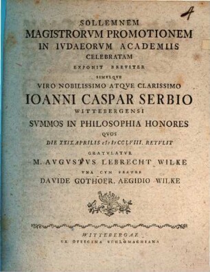De solemni magistrorum promotione in Judaeorum academiis celebrata ... : [Diss. epist. ad J. C. Serbium]