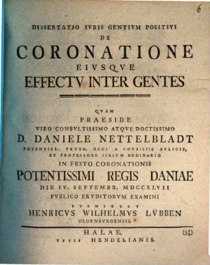 Diss. ... de coronatione eiusque effectu inter gentes